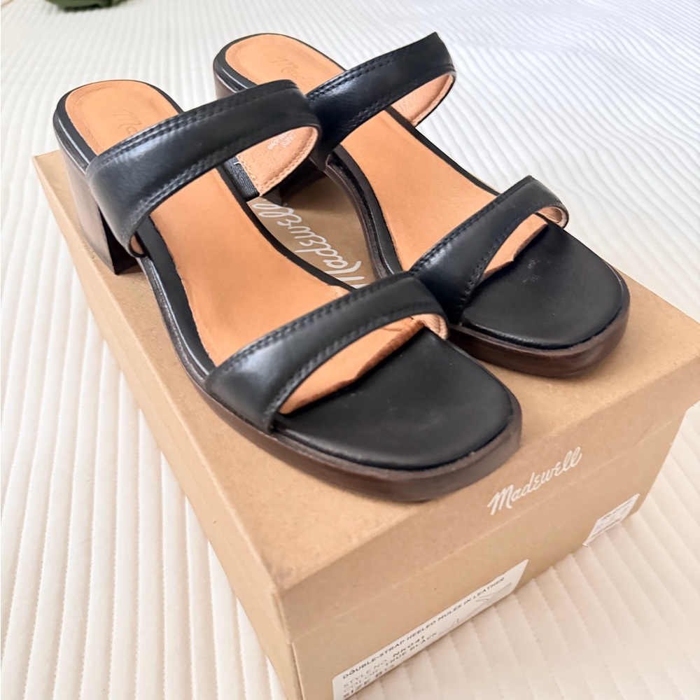 Madewell Saige Double Strapped Heeled Mules Leather Black Leather Sandals - Picture 3 of 7